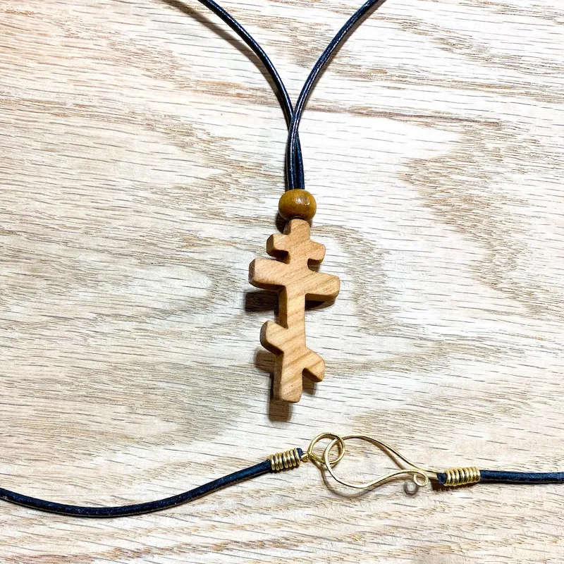 Handcrafted cherry wood Orthodox cross pendant